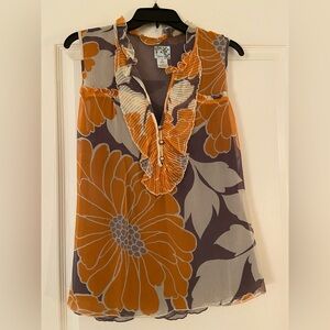 Beautiful Orange, Grey, Cream Floral Blouse with Ruffle Trim from Anthropologie